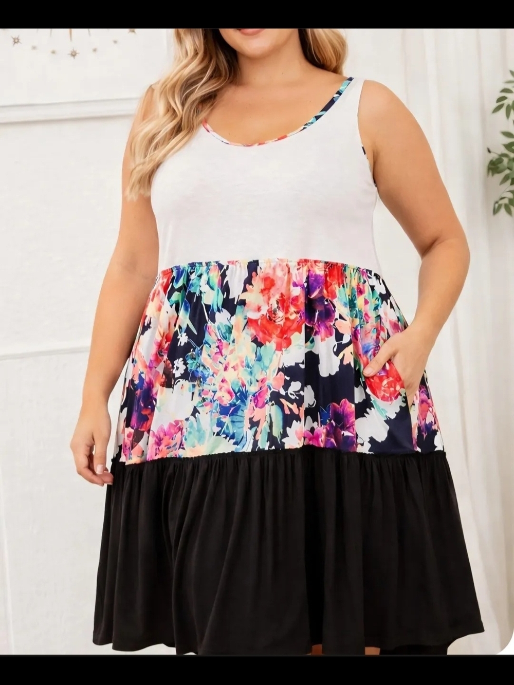 HEIMISH USA White Bodice Floral Tiered Dress with Black Hem - NWT - 3X